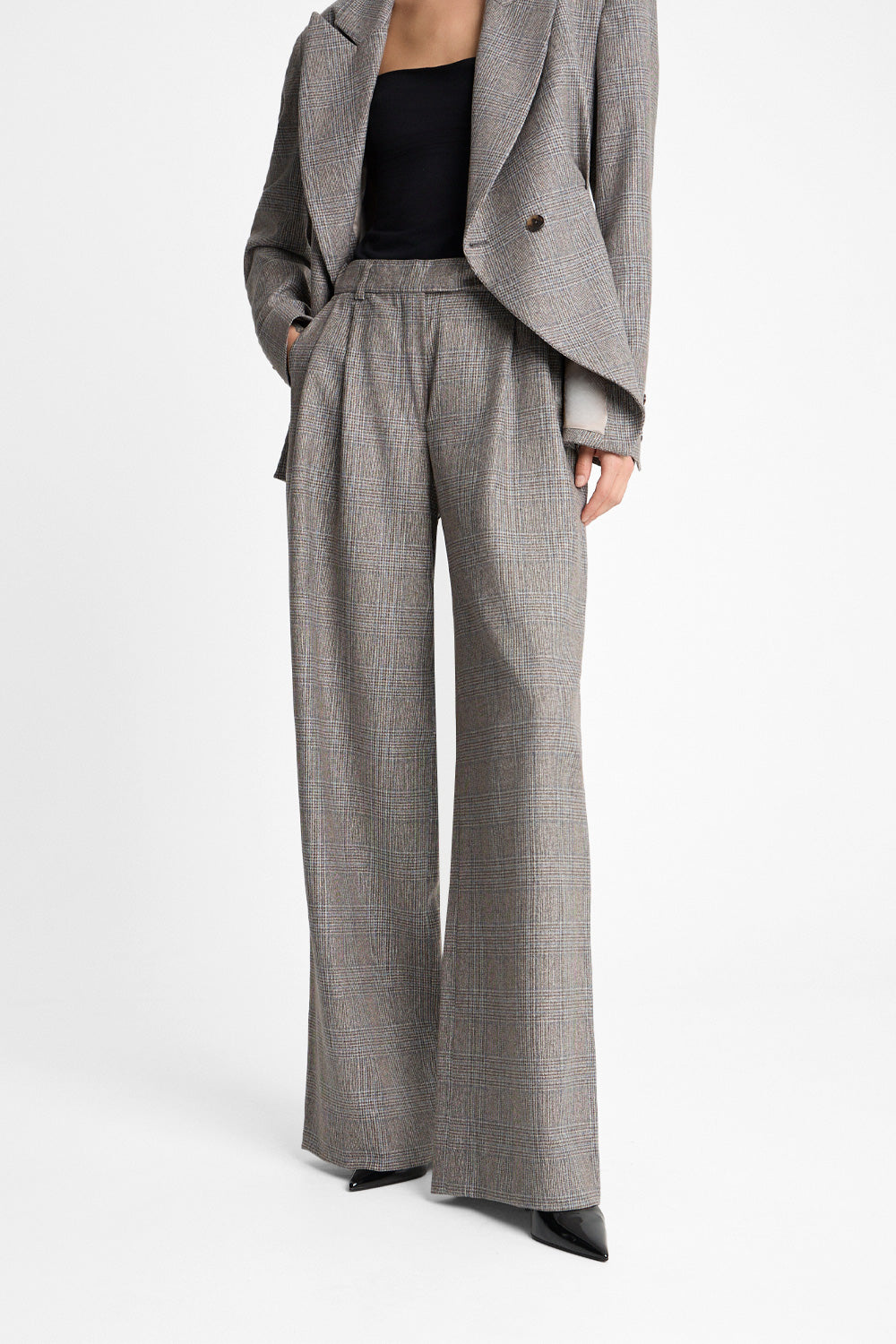 Premium grey checked women's trousers in silk and wool | Ansin