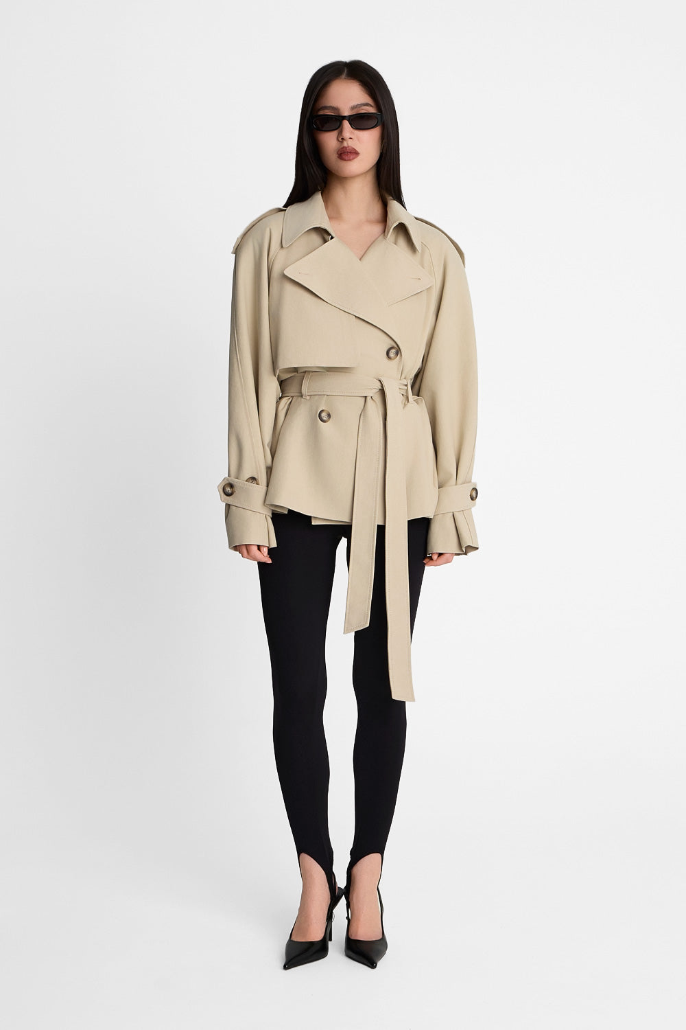 Beige women's short oversized trench coat with lapels | ANSIN