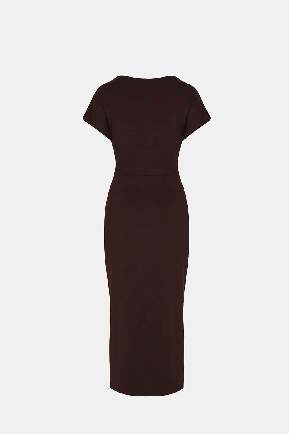 Dark brown fitted dress with ruffles, short sleeves and a boat neck | Ansin Dark brown fitted dress with ruffles, short sleeves and a boat neck | Ansin