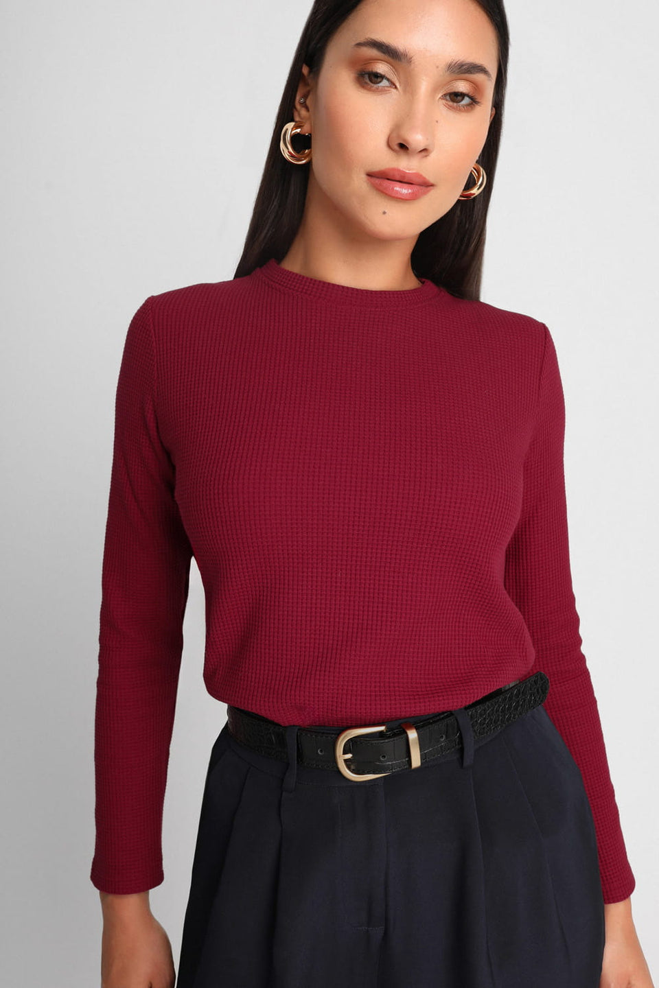 Miss Dapper Long-Sleeved Top – Wine Red