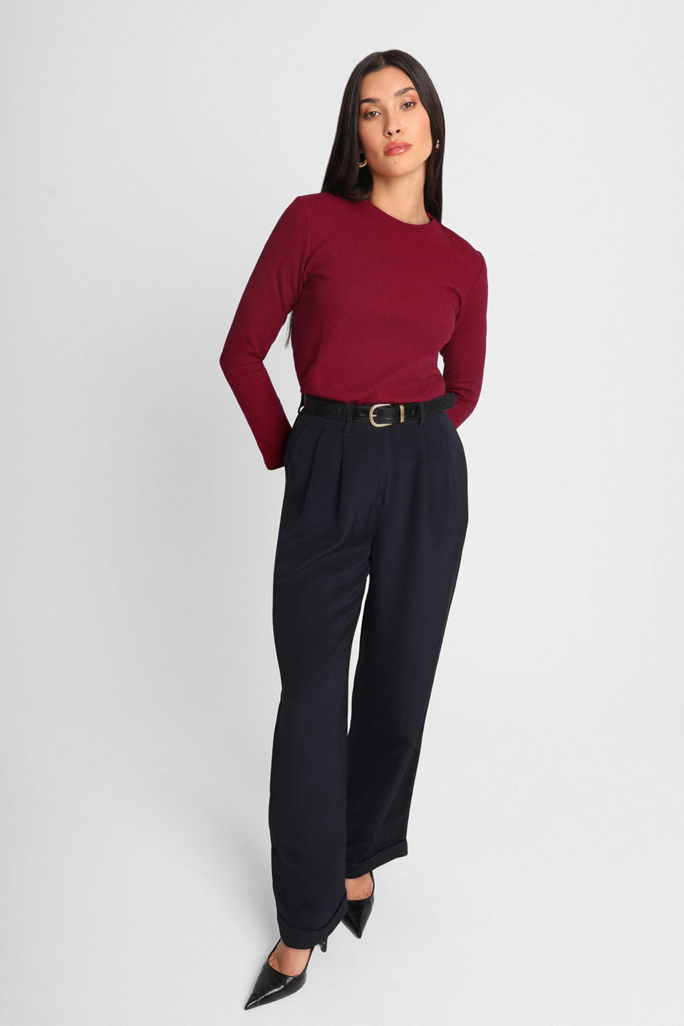 Miss Dapper Long-Sleeved Top – Wine Red