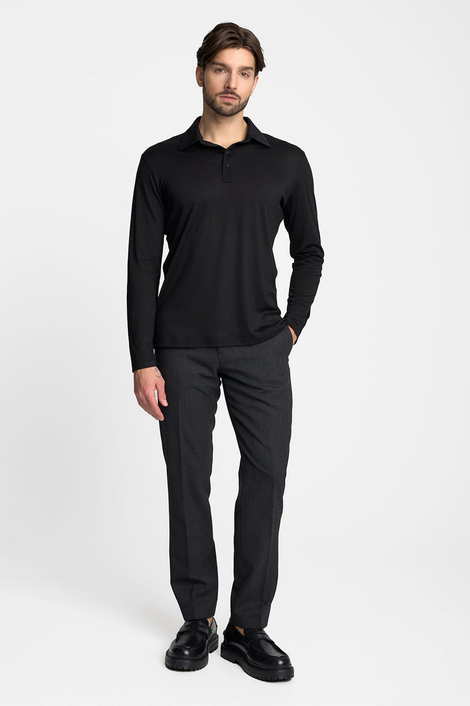Men's Merino Black Long-Sleeve Polo Shirt