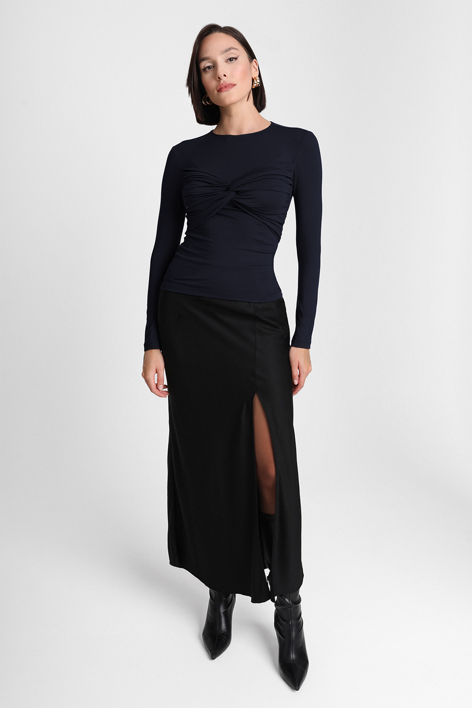 Miss Draped Navy Long-Sleeved Top