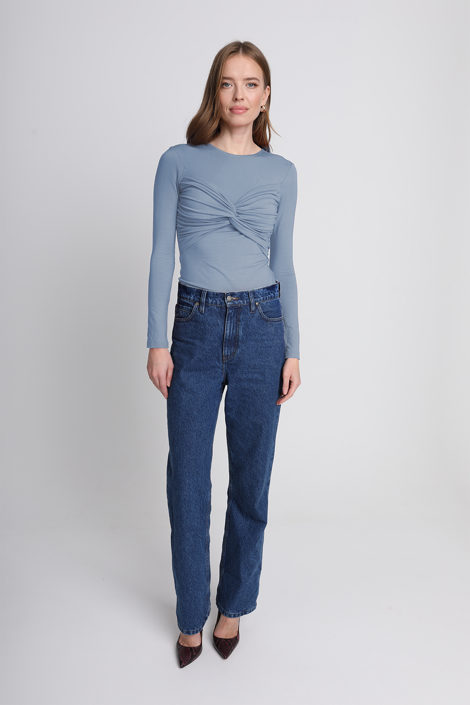 Miss Draped Silver Blue Long-Sleeved Top