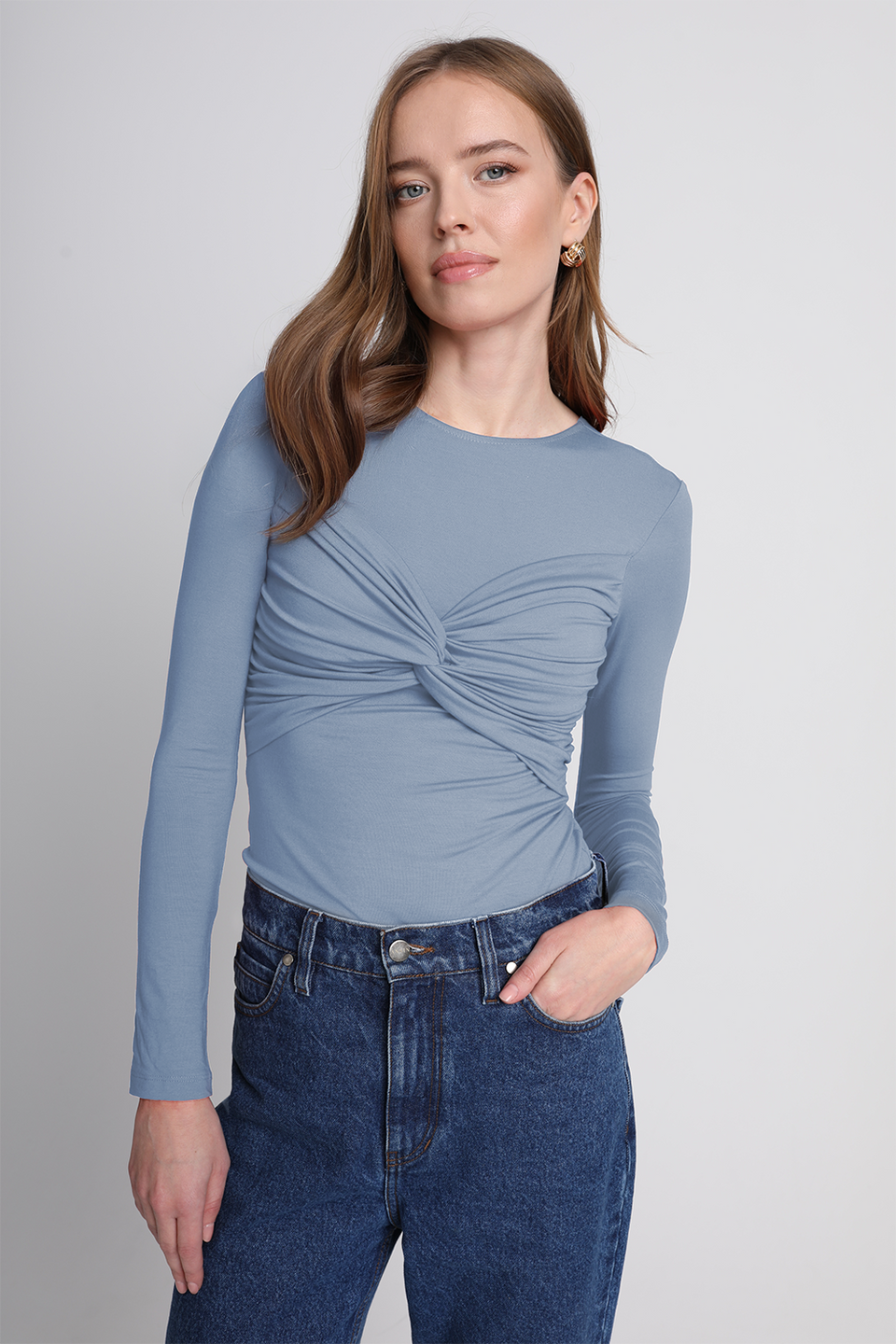 Miss Draped Silver Blue Long-Sleeved Top