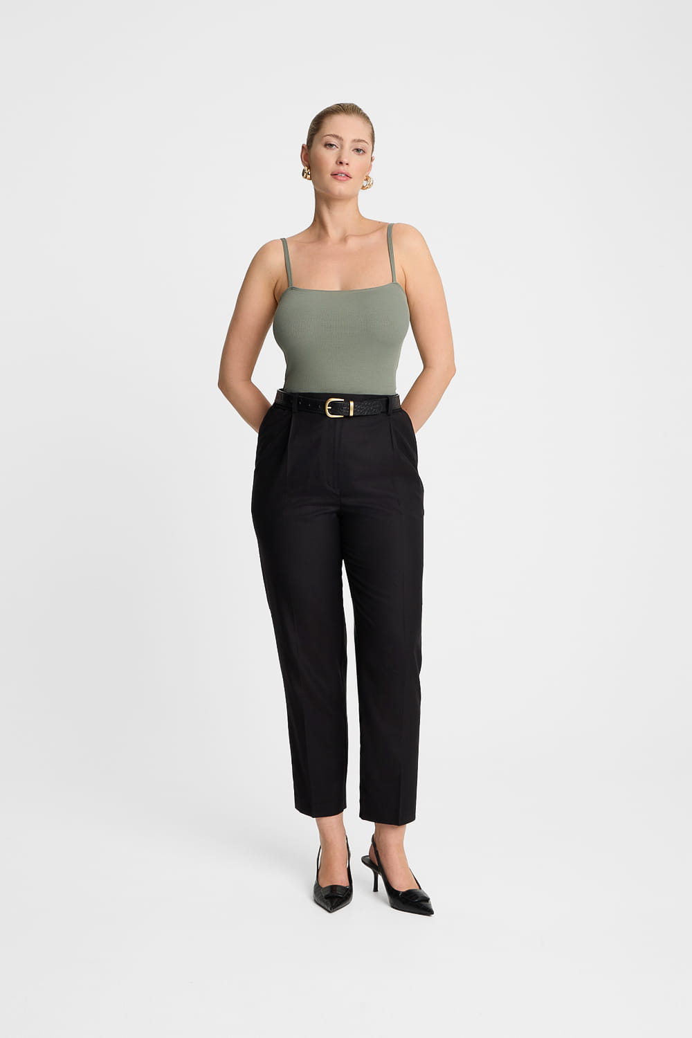 Ansin Olive-coloured ribbed women’s top with adjustable straps | Ansin