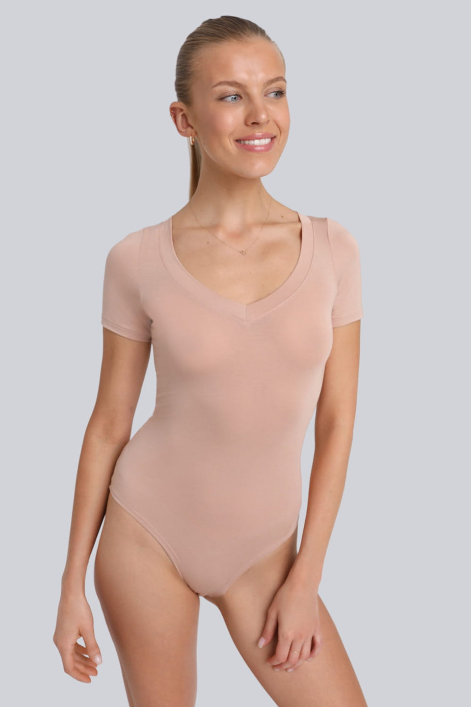 Miss Invisible Short-sleeved V-neck Bodysuit in Cappuccino
