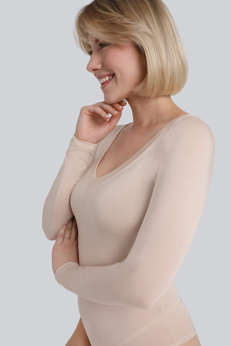 Miss Invisible Long-Sleeved V-Neck Bodysuit in Sand