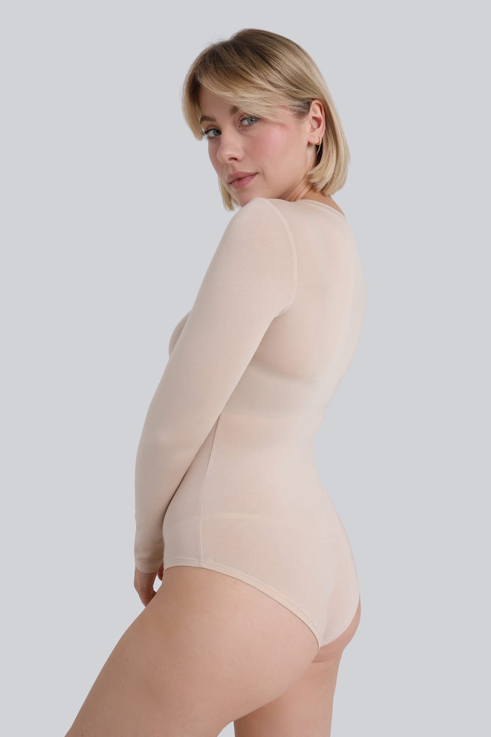Miss Invisible Long-Sleeved V-Neck Bodysuit in Sand