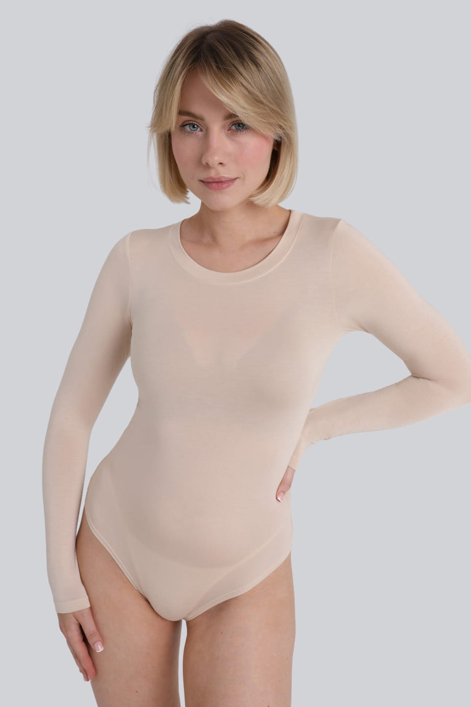 Miss Invisible Long-Sleeved C-Neck Bodysuit in Sand