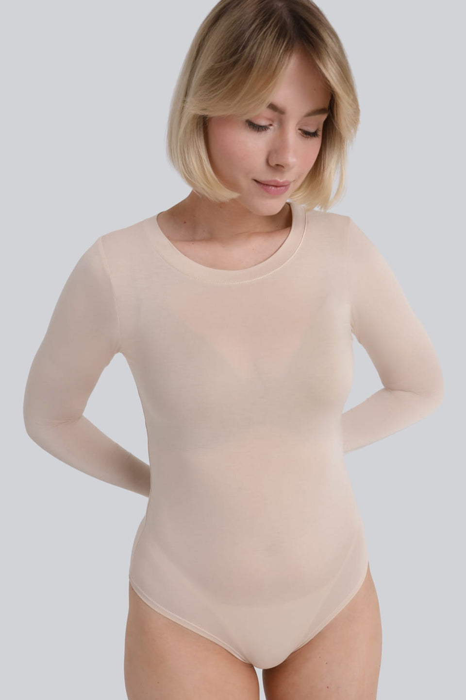 Miss Invisible Long-Sleeved C-Neck Bodysuit in Sand