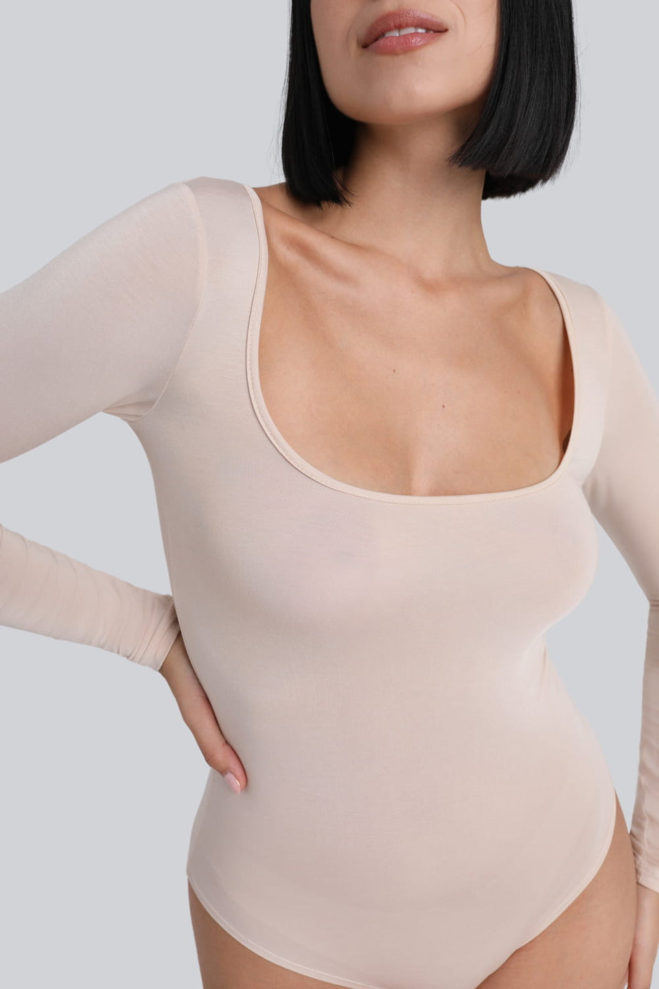 Miss Invisible Long-Sleeved U-Neck Bodysuit in Sand
