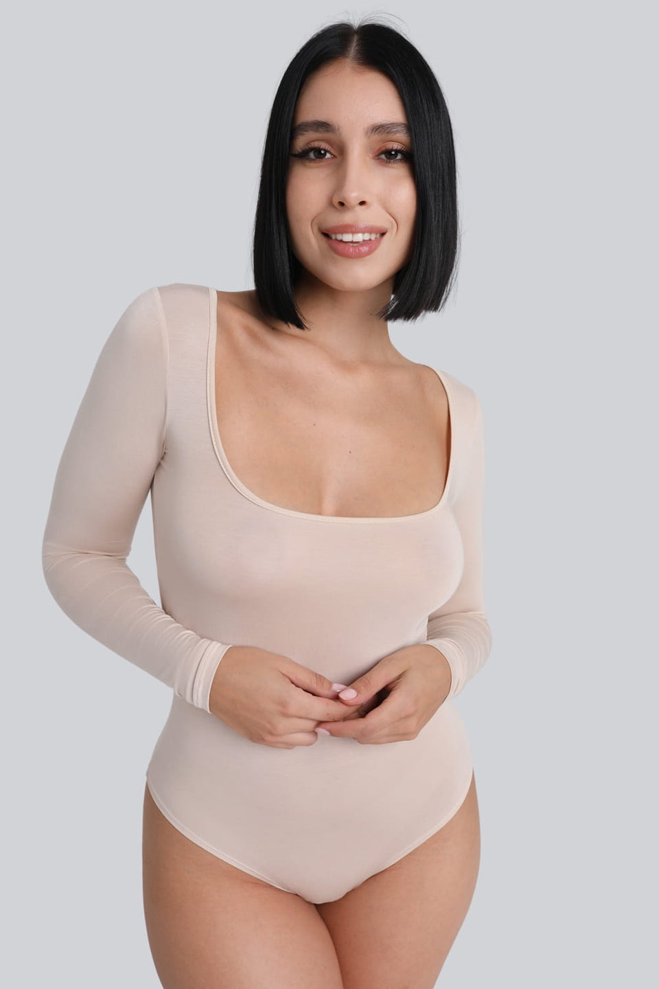 Miss Invisible Long-Sleeved U-Neck Bodysuit in Sand