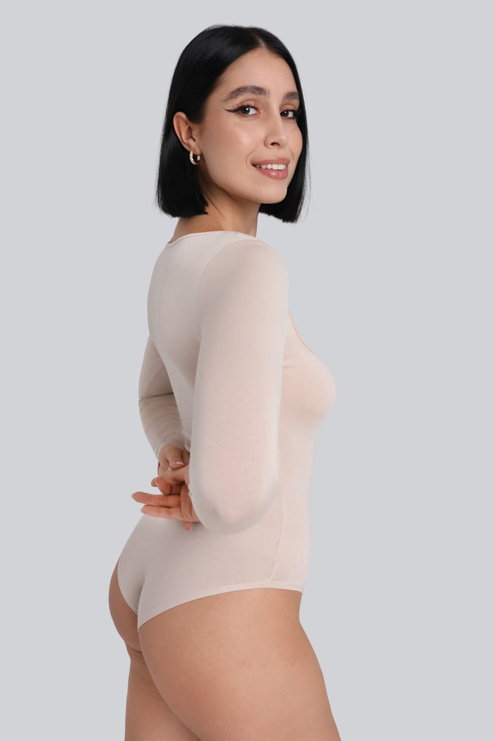 Miss Invisible Long-Sleeved U-Neck Bodysuit in Sand