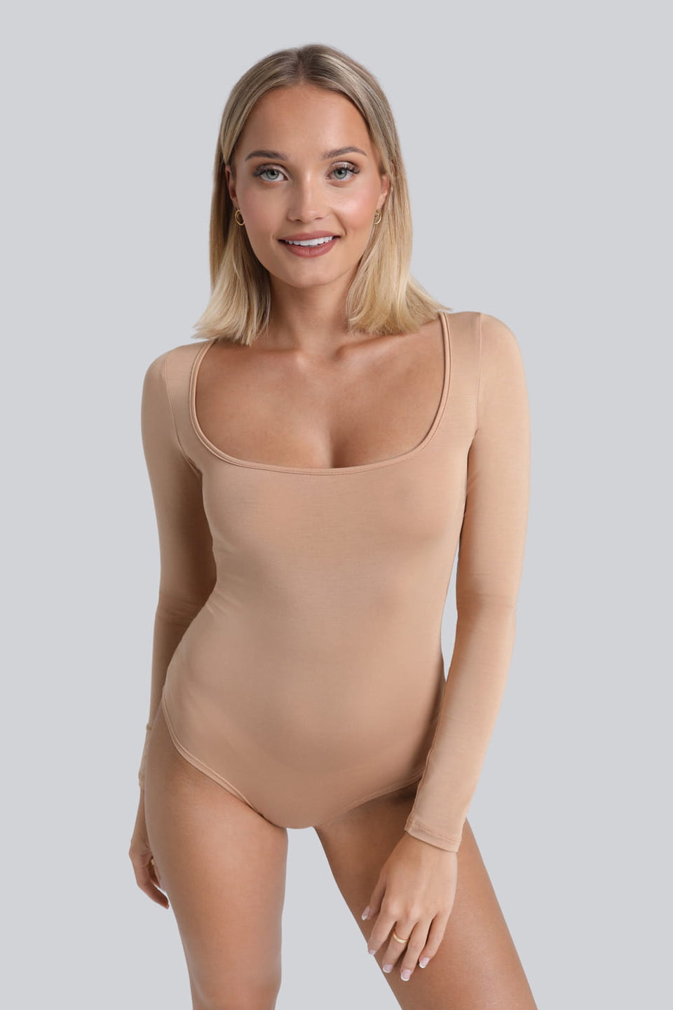 Miss Invisible Long-Sleeved U-Neck Bodysuit in Nude