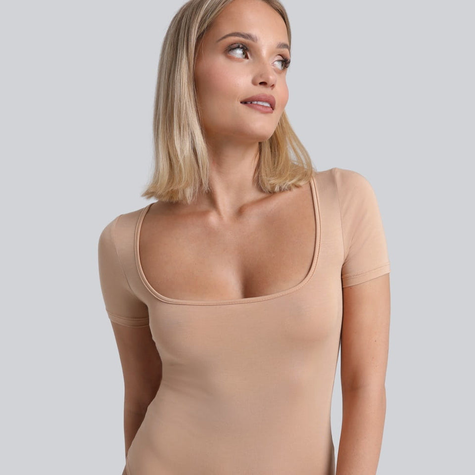 Miss Invisible Short-Sleeve U-Neck Bodysuit in Nude