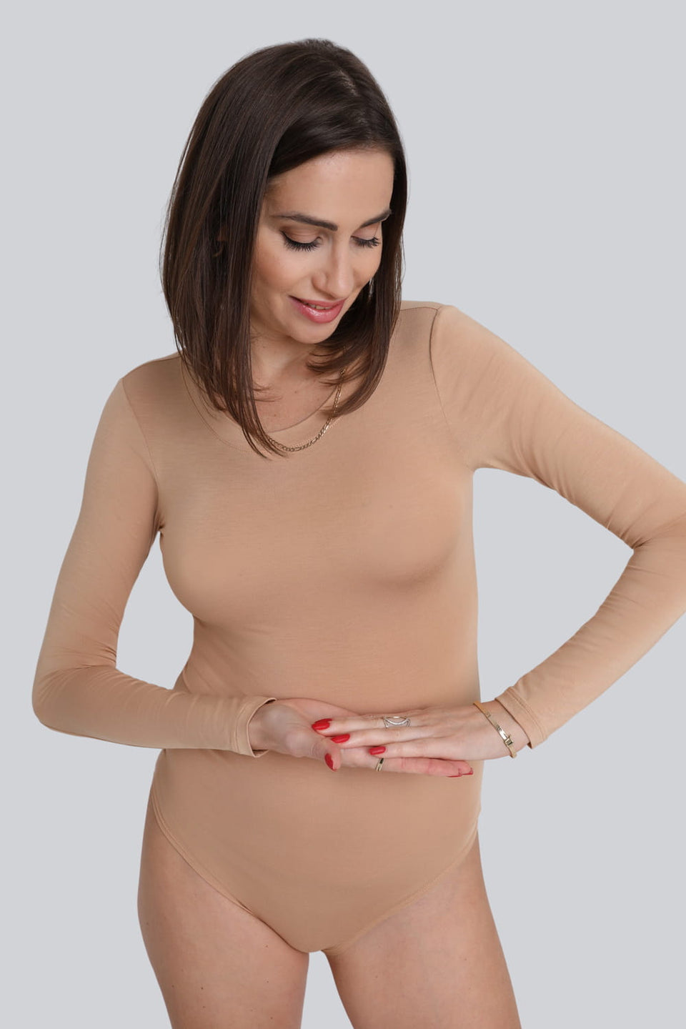 Miss Invisible Long-Sleeved C-Neck Bodysuit in Nude