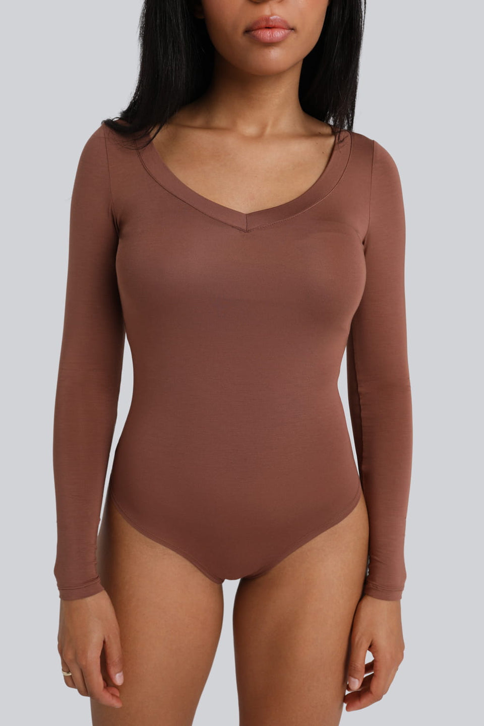 Miss Invisible Long-Sleeved V-Neck Bodysuit – Chocolate
