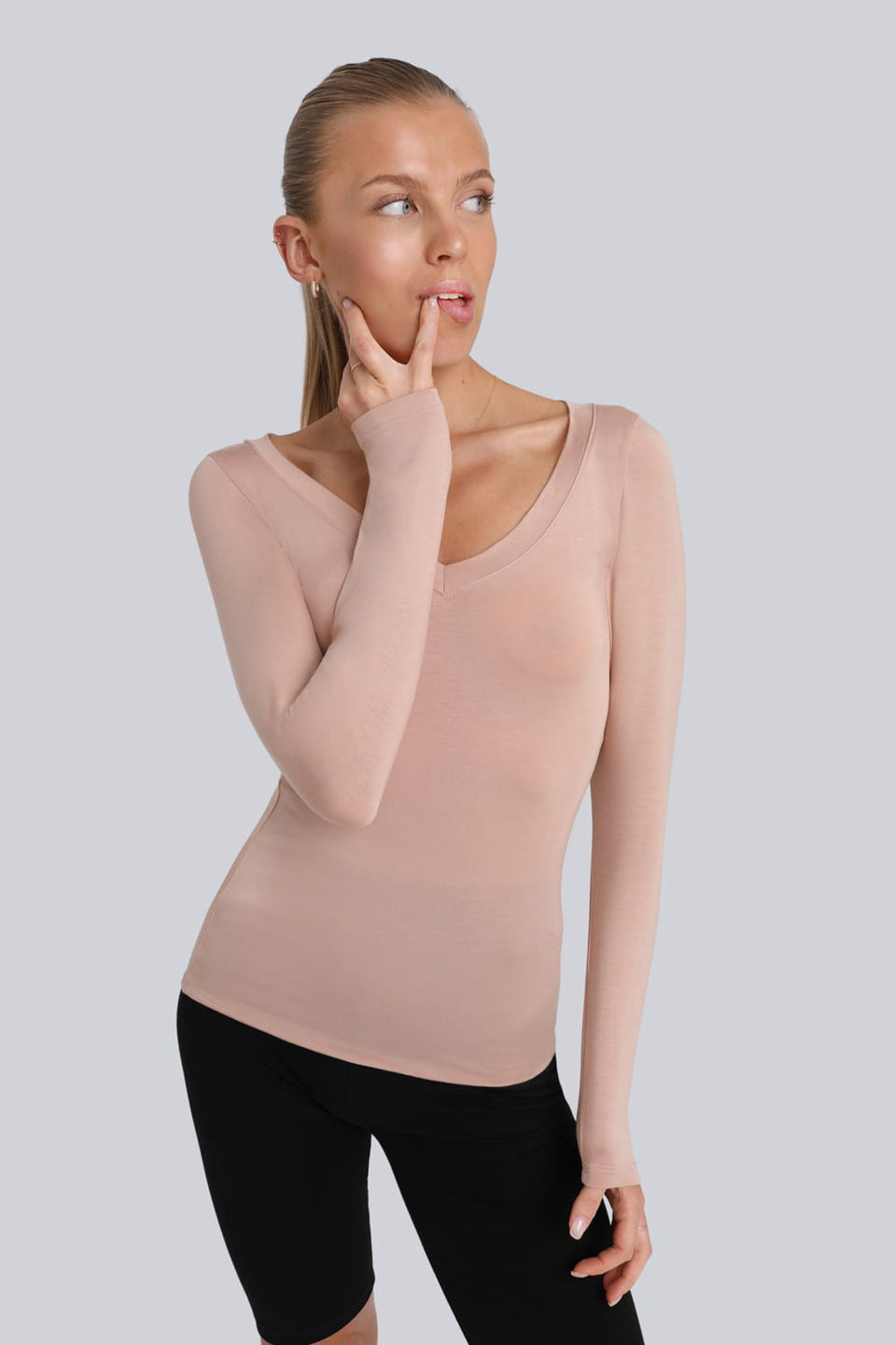 Miss Invisible V-neck long-sleeved top in Cappuccino