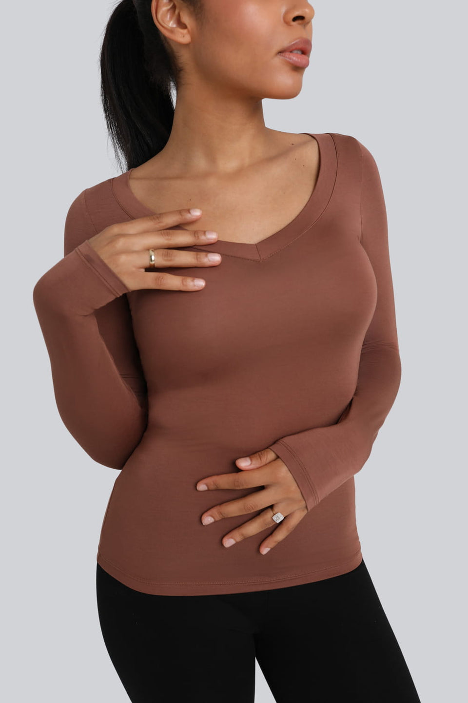 Miss Invisible V-neck long-sleeved top in chocolate