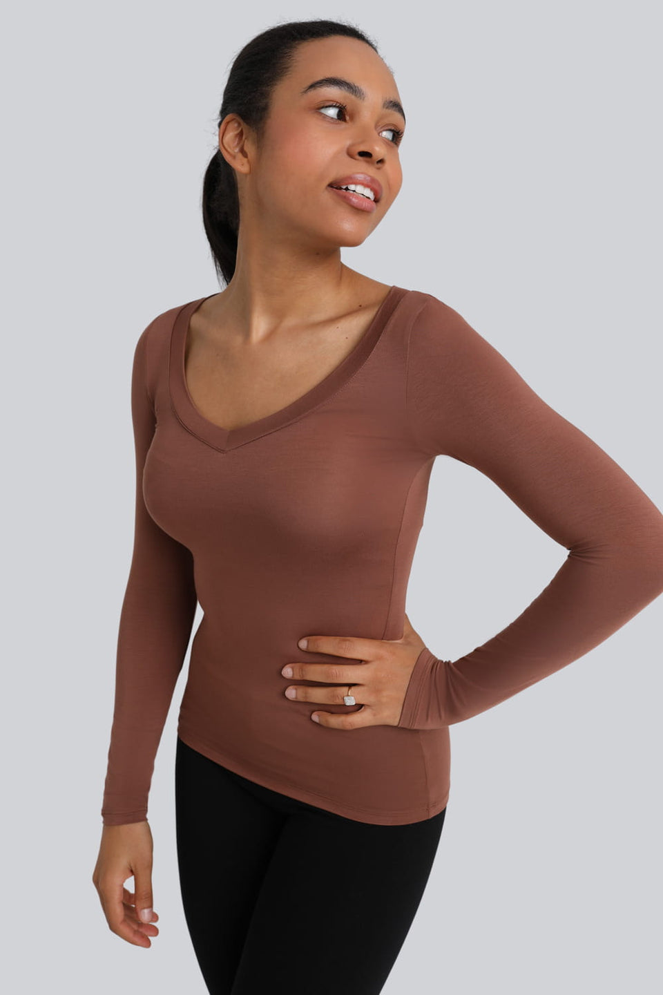 Miss Invisible V-neck long-sleeved top in chocolate