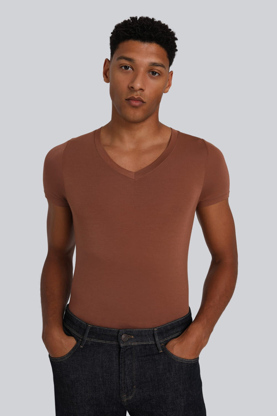 Mr Invisible V-neck T-shirt in Chocolate