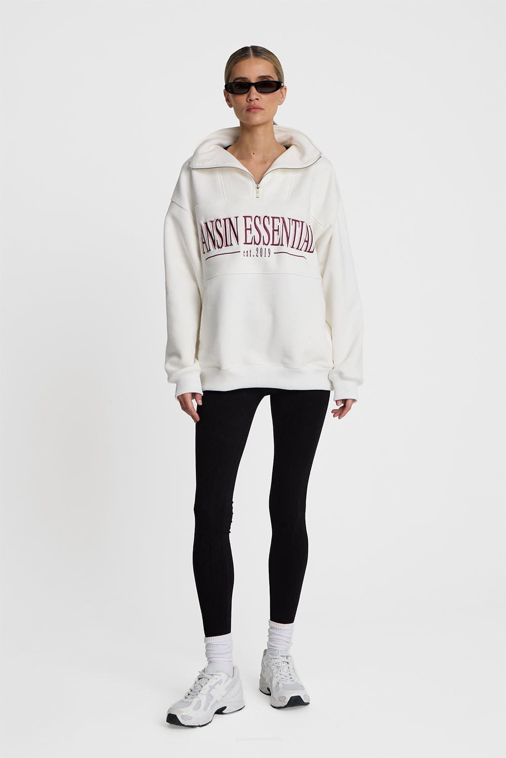 Vintage women's stand-up collar sweatshirt: cream with pink embroidery ...