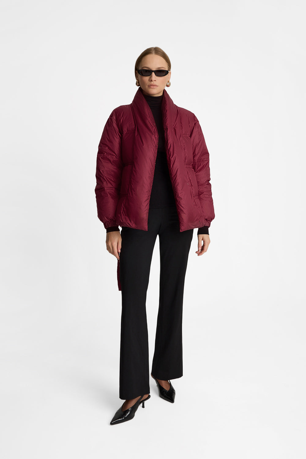 Women's burgundy goose-down jacket with a belt | Ansin