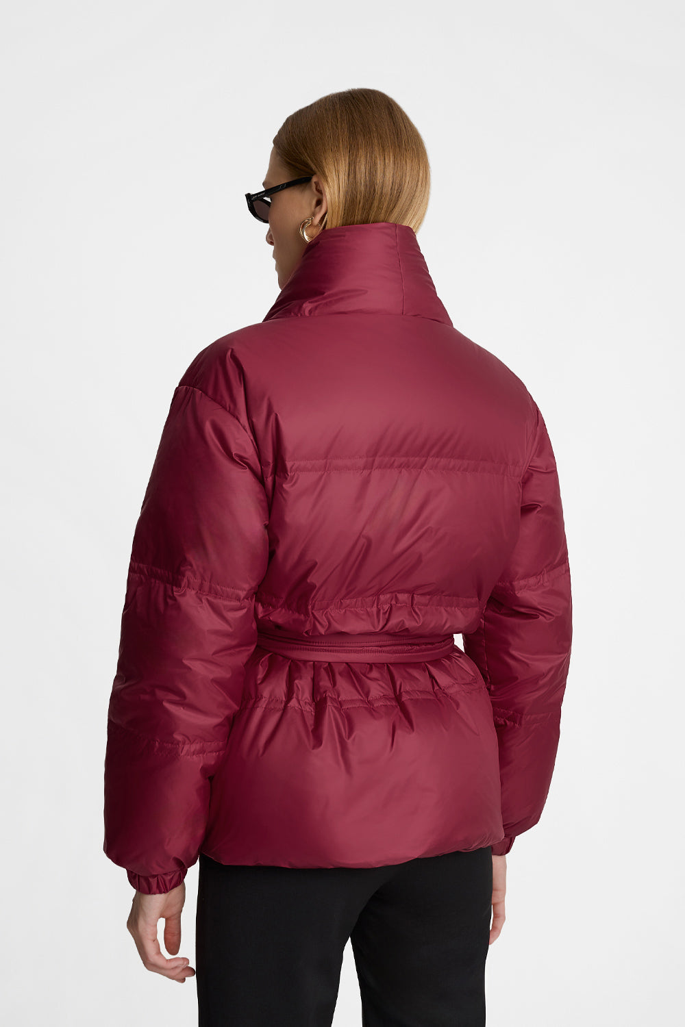 Women's burgundy goose-down jacket with a belt | Ansin